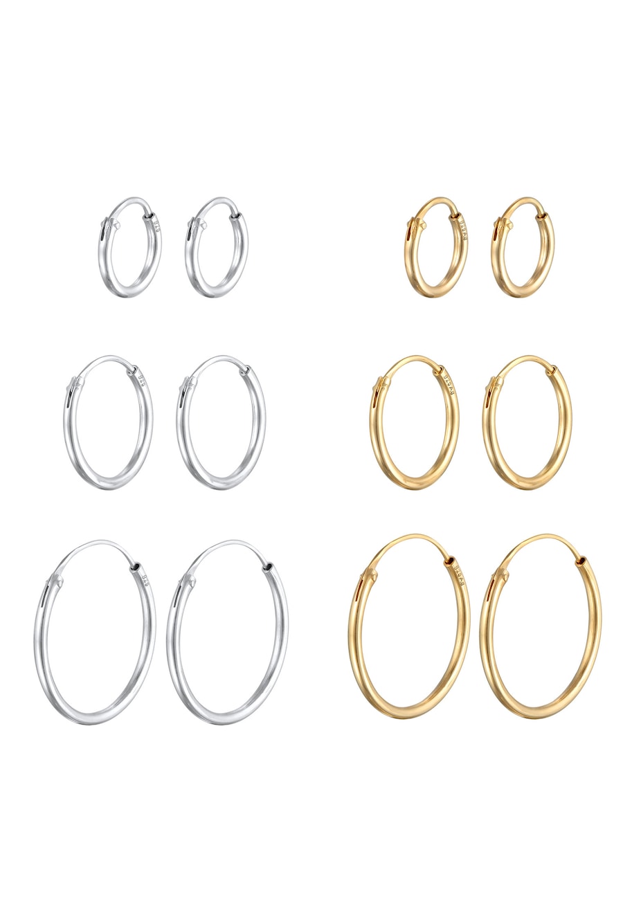 Elli Damskie kolczyki kreole zestaw podstawowy 6 sztuk ze srebra próby 925 Sterling Silver Kolczyki koła 1 ct