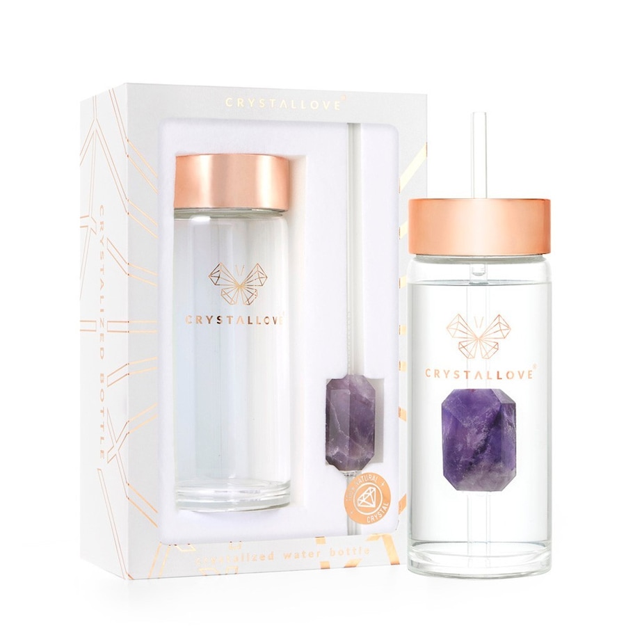 Crystallove Szklana butelka na wodę z ametystem i słomką Butelki 1 ct