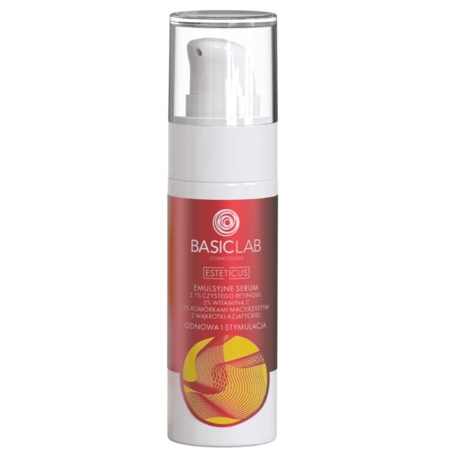 BasicLab Emulsyjne Serum z 1% Czystego Retinolu, 5% Witaminą C i 2% Komórkami Macierzystymi z Wąkrotki Azjatyckiej Odnowa i Stymulacja Serum nawilżają