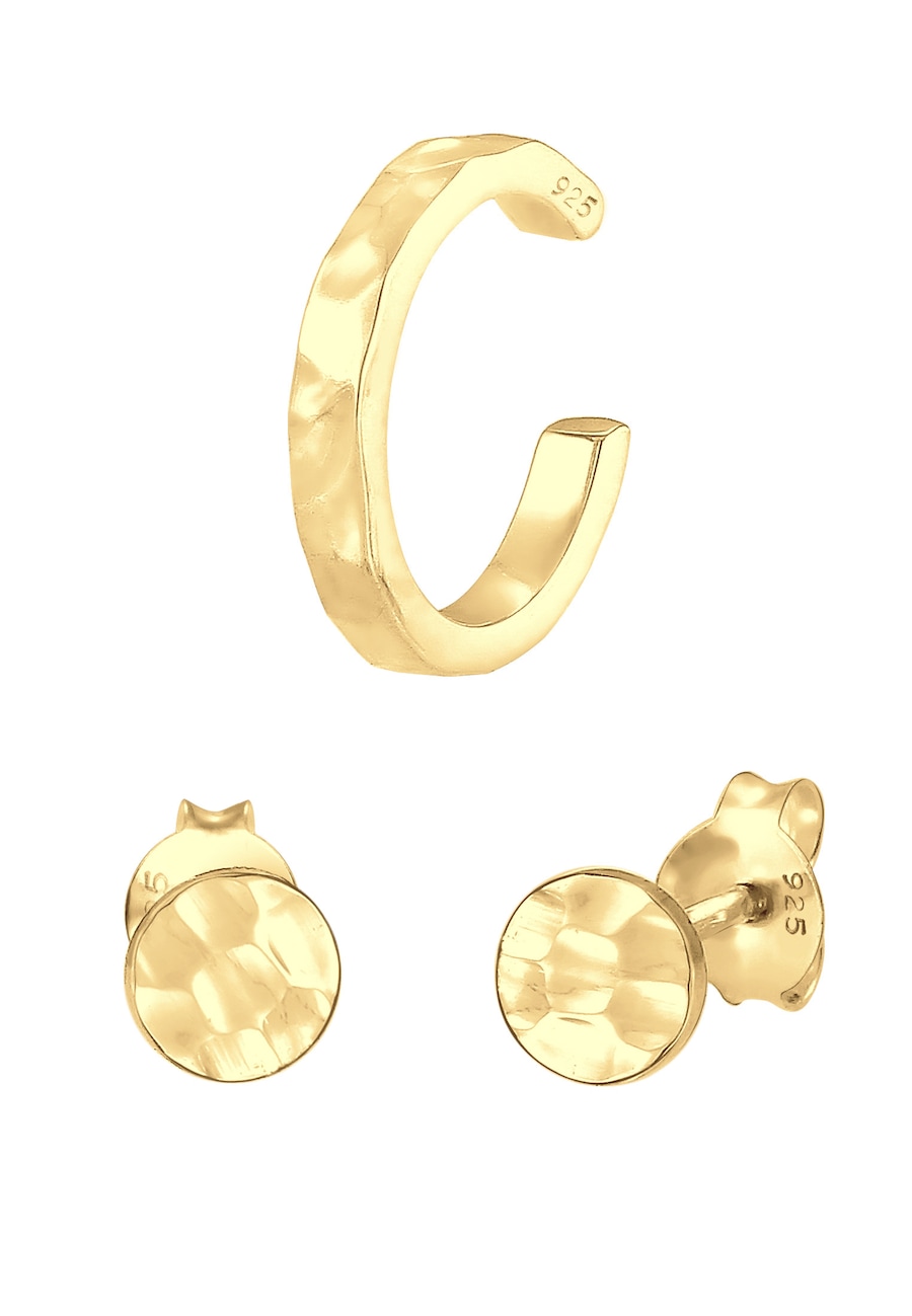 Elli Ladies Set Plug Earcuff Round Hammered 925 Sterling Silver Plated Kolczyki 1 ct Damski