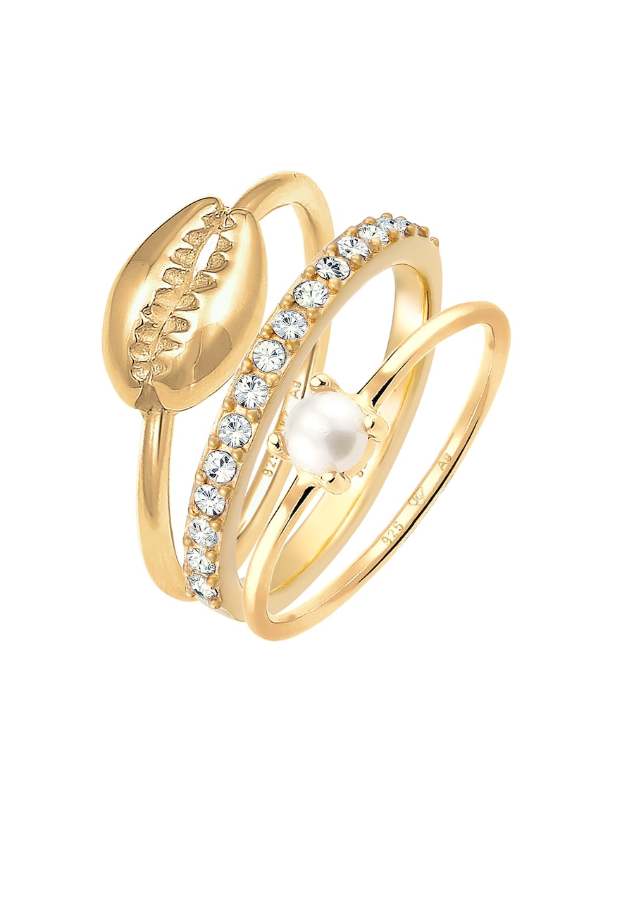 Elli Damski zestaw do łączenia muszla z perły hodowlana słodkowodna i kryształami w pozłacanym srebrze próby 925 Sterling Silver Pierścionki 1 ct