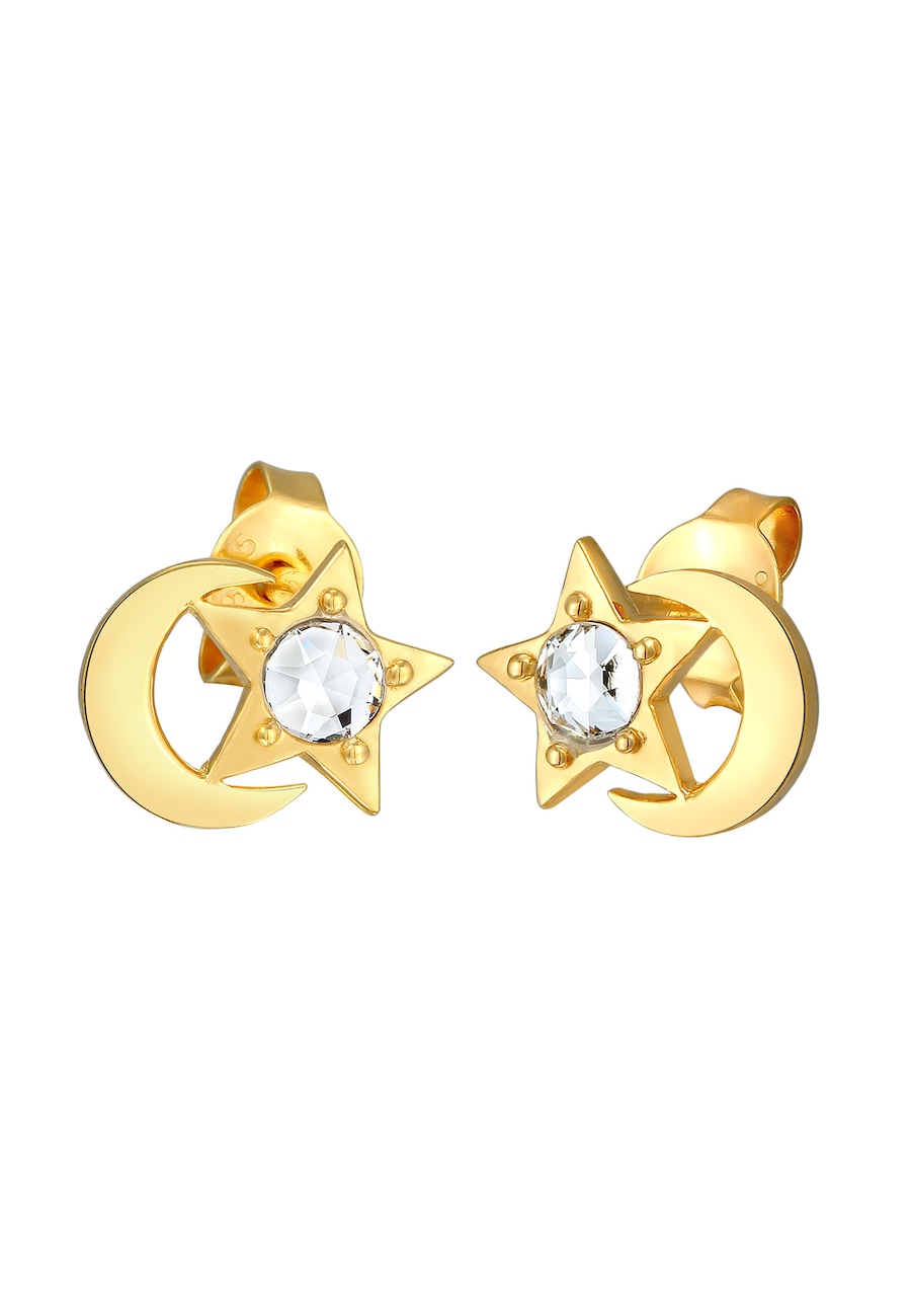 Elli Kolczyki sztyfty dla dzieci półksiężyc gwiazda z kryształem w srebrze próby 925 Sterling Silver 1 ct Damski