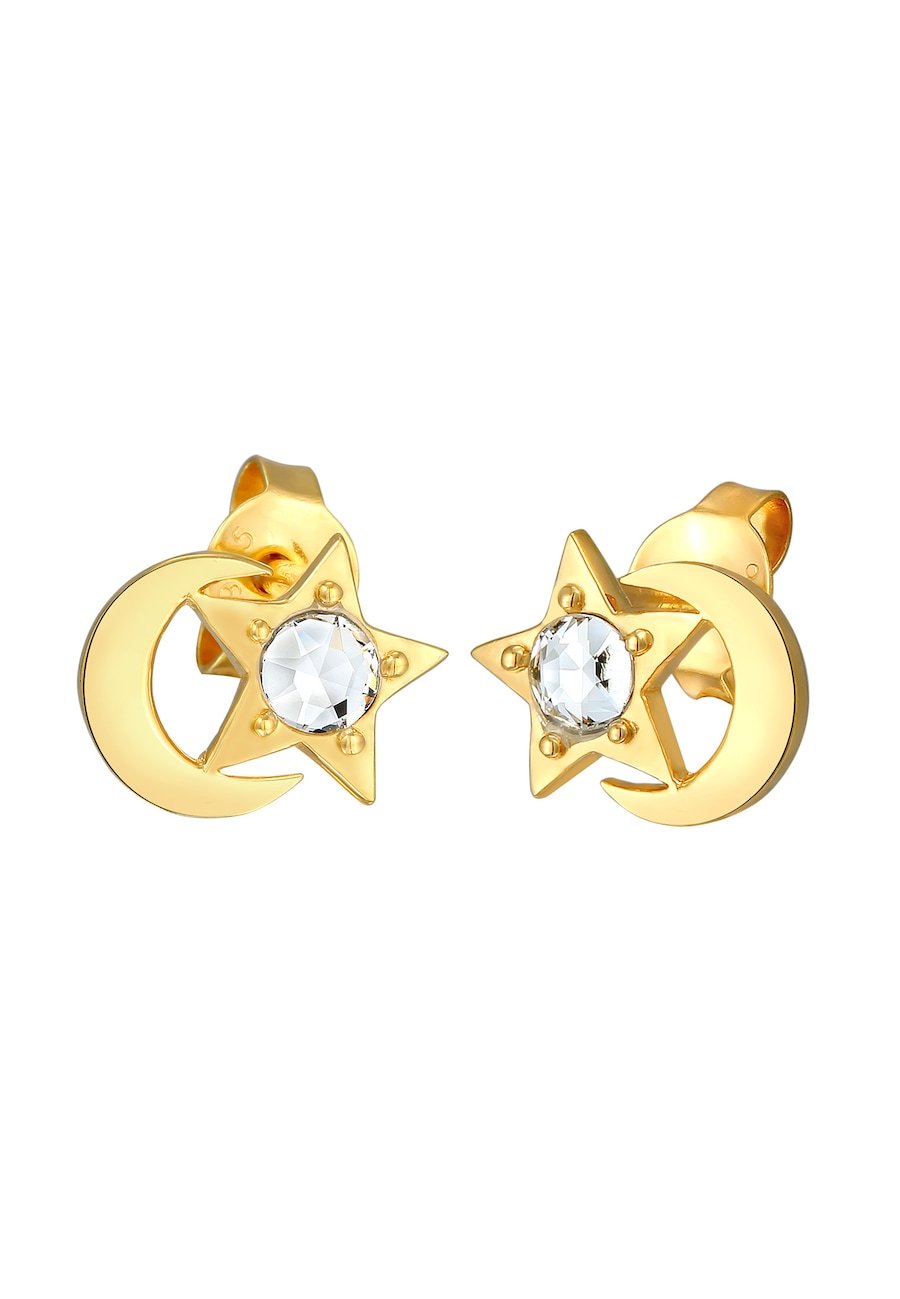 Elli Kolczyki sztyfty dla dzieci półksiężyc gwiazda z kryształem w srebrze próby 925 Sterling Silver 1 ct Damski