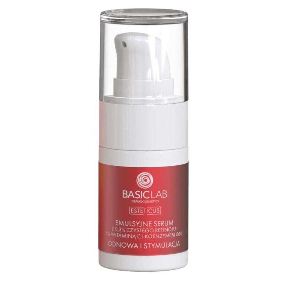 BasicLab Emulsyjne Serum z 0,3% Czystego Retinolu, 3% Witaminą C i Koenzymem Q10 Odnowa i Stymulacja Kremy do twarzy 15 ml