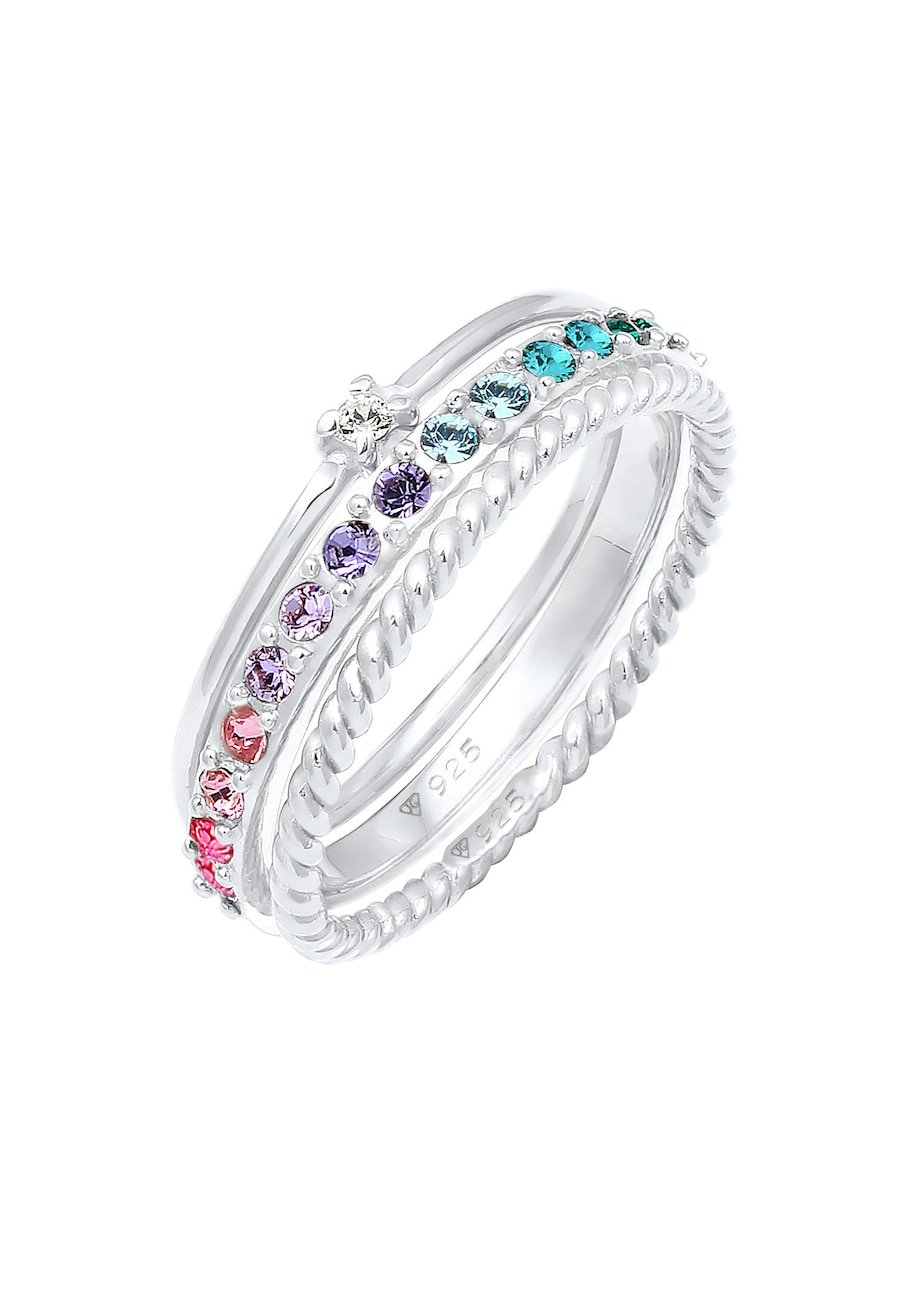 Elli Damski komplet Multi-Colour mieniący się kryształami Kolorowe w srebrze próby 925 Sterling Silver pozłacane Pierścionki 1 ct
