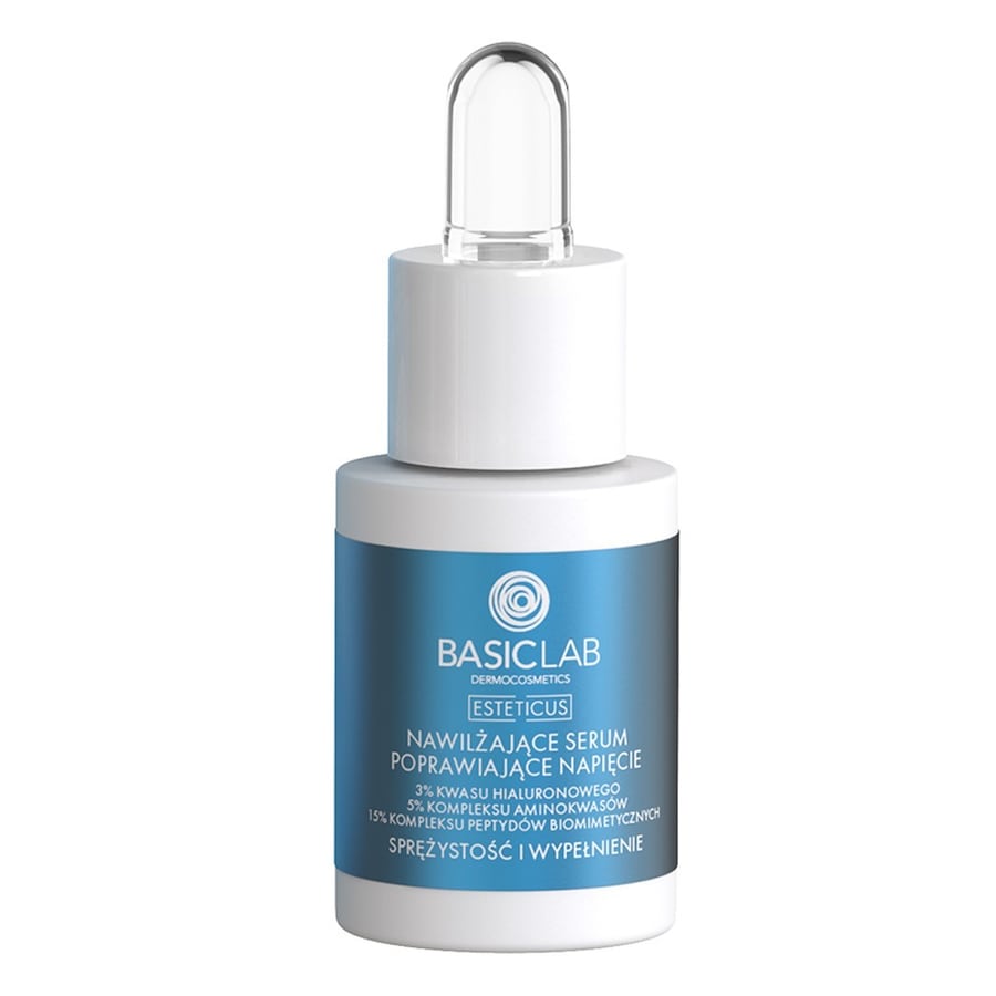 BasicLab NAWILŻAJĄCE SERUM POPRAWIAJĄCE NAPIĘCIE Z 3% KWASU HIALURONOWEGO, 5% KOMPLEKSU AMINOKWASÓW I 15% KOMPLEKSU PEPTYDÓW BIOMIMETYCZNYCH 15 ml Ser