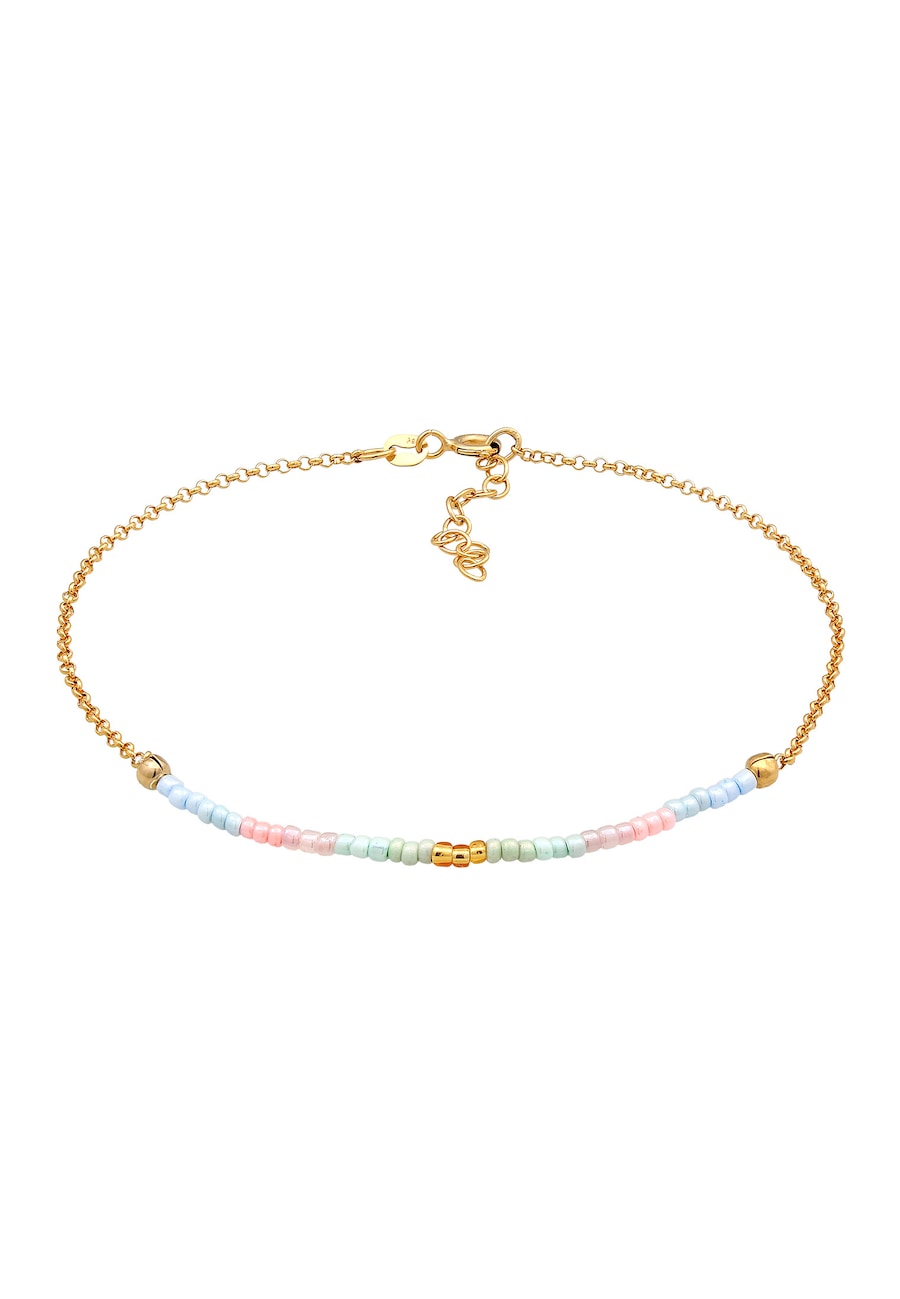 Elli Damski łańcuszek na kostkę płaski z koralikami, elegancki ze srebra pozłacanego 925 Sterling Silver Bransoletki na nogę 1 ct