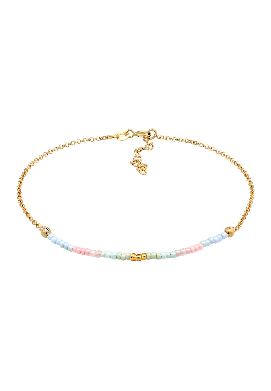 Elli Damski łańcuszek na kostkę płaski z koralikami, elegancki ze srebra pozłacanego 925 Sterling Silver Bransoletki na nogę 1 ct