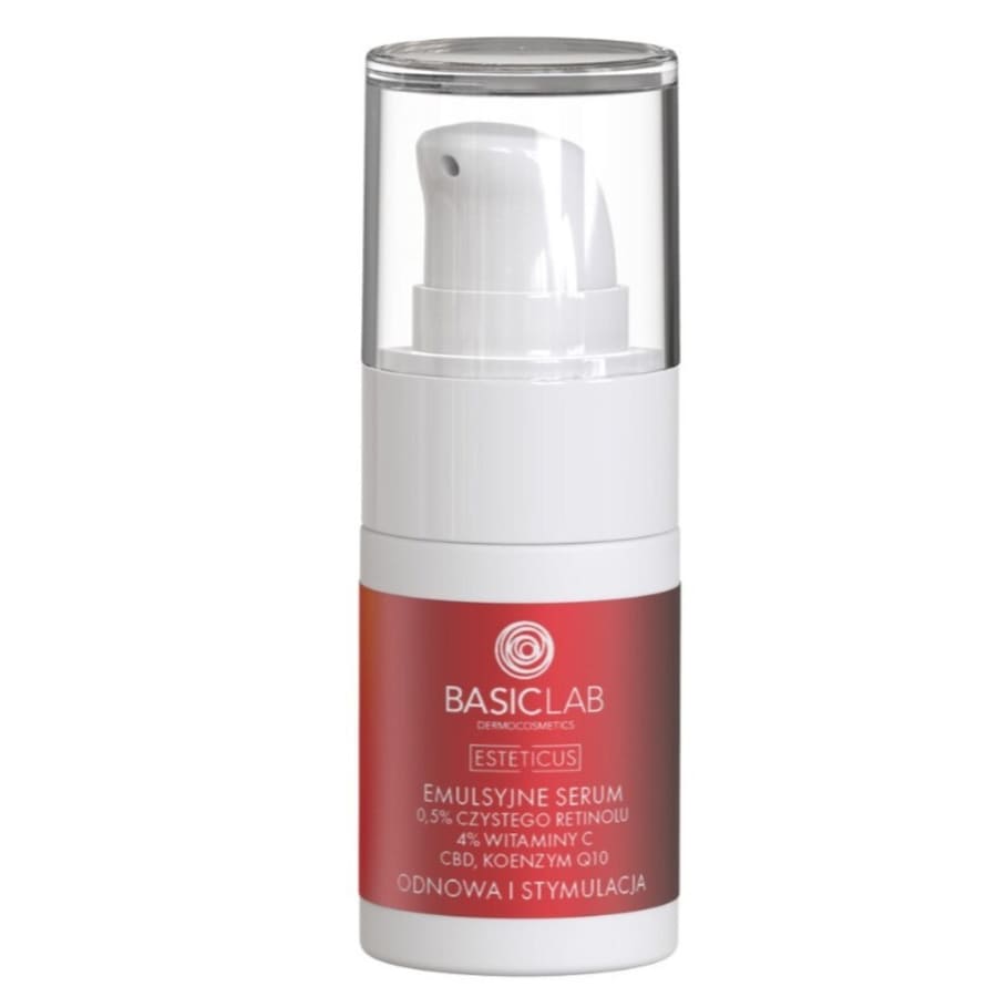 BasicLab Emulsyjne serum z 0,5% czystego retinolu, 4% witaminy c, CBD i koenzymem Q10 Odnowa i Stymulacja Serum nawilżające 15 ml