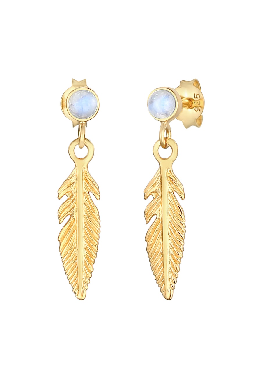 Elli Kolczyki damskie pióra Boho hippie z kamieniem księżycowym w srebrze próby 925 Sterling Silver 1 ct Damski