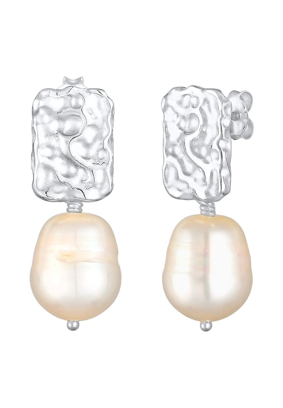 Elli PREMIUM Damska zawieszka na ucho Organic młotkowany Barok Trend z perłą hodowlana słodkowodną w pozłacanym srebrze 925 Sterling Silver Kolczyki 1