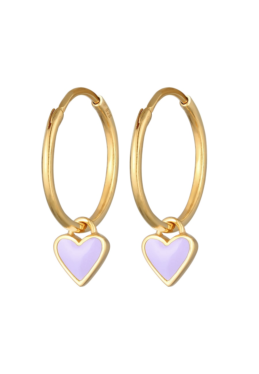 Elli Damskie kolczyki kółka z zawieszką serce z emalią w kolorze fioletowym z pozłacanego srebra próby 925 Sterling Silver Kolczyki koła 1 ct