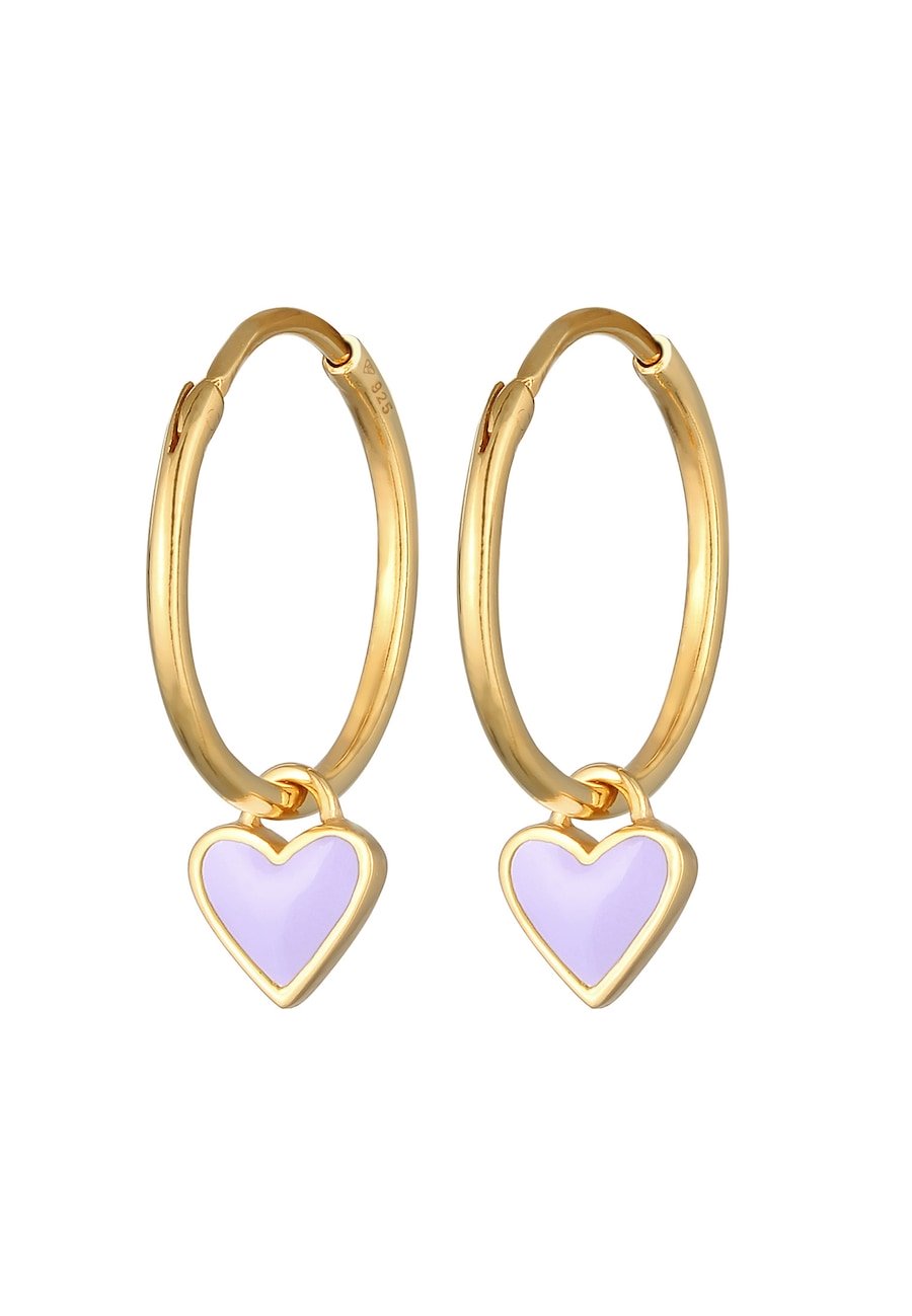 Elli Damskie kolczyki kółka z zawieszką serce z emalią w kolorze fioletowym z pozłacanego srebra próby 925 Sterling Silver Kolczyki koła 1 ct