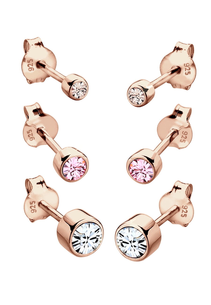 Elli Damskie kolczyki sztyfty Basic zestaw 3 częściowy z kryształami szklanymi z pozłacanego srebra próby 925 sterling silver Zestawy 1 ct