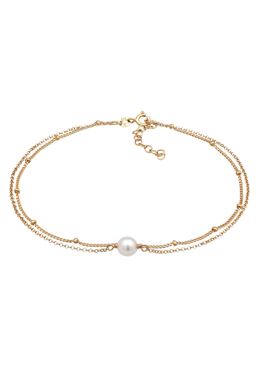 Elli Damska bransoletka na kostkę warstwowa kulki z perłą z muszli w srebrze próby 925 Sterling Silver pozłacana Bransoletki na nogę 1 ct Damski