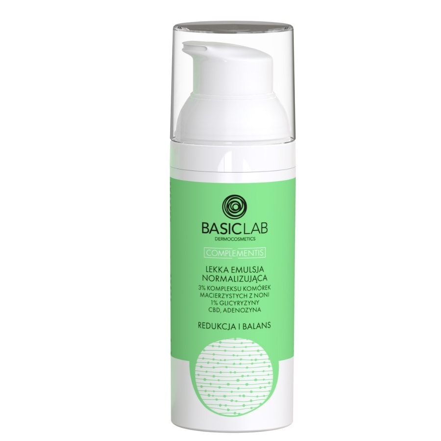 BasicLab Lekka emulsja normalizująca 3% kompleksu komórek macierzystych z noni, 1% glicyryzyny, CBD i adenozyną REDUKCJA I BALANS Kremy do twarzy 50 m