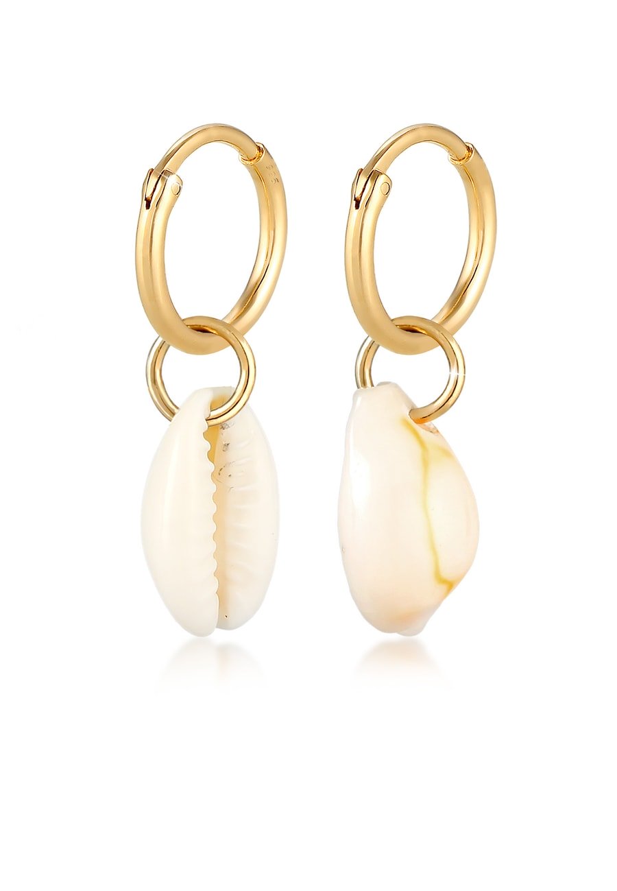 Elli Damskie kreole morze urlop Trend z muszlami Kauri z pozłacanego srebra próby 925 Sterling Silver Kolczyki koła 1 ct