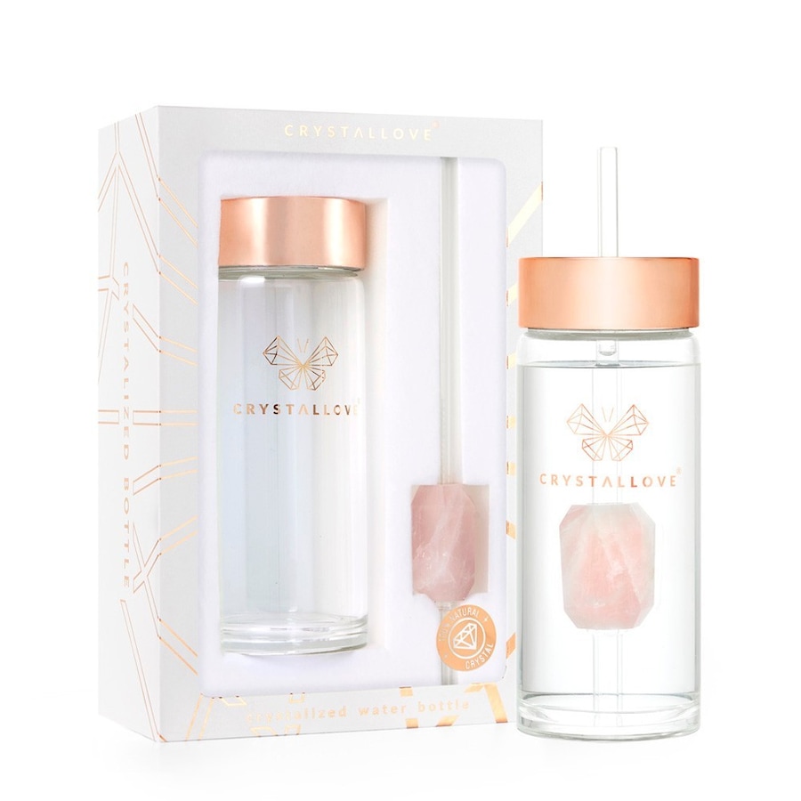 Crystallove Szklana butelka na wodę z kwarcem różowym i słomką Butelki 1 ct