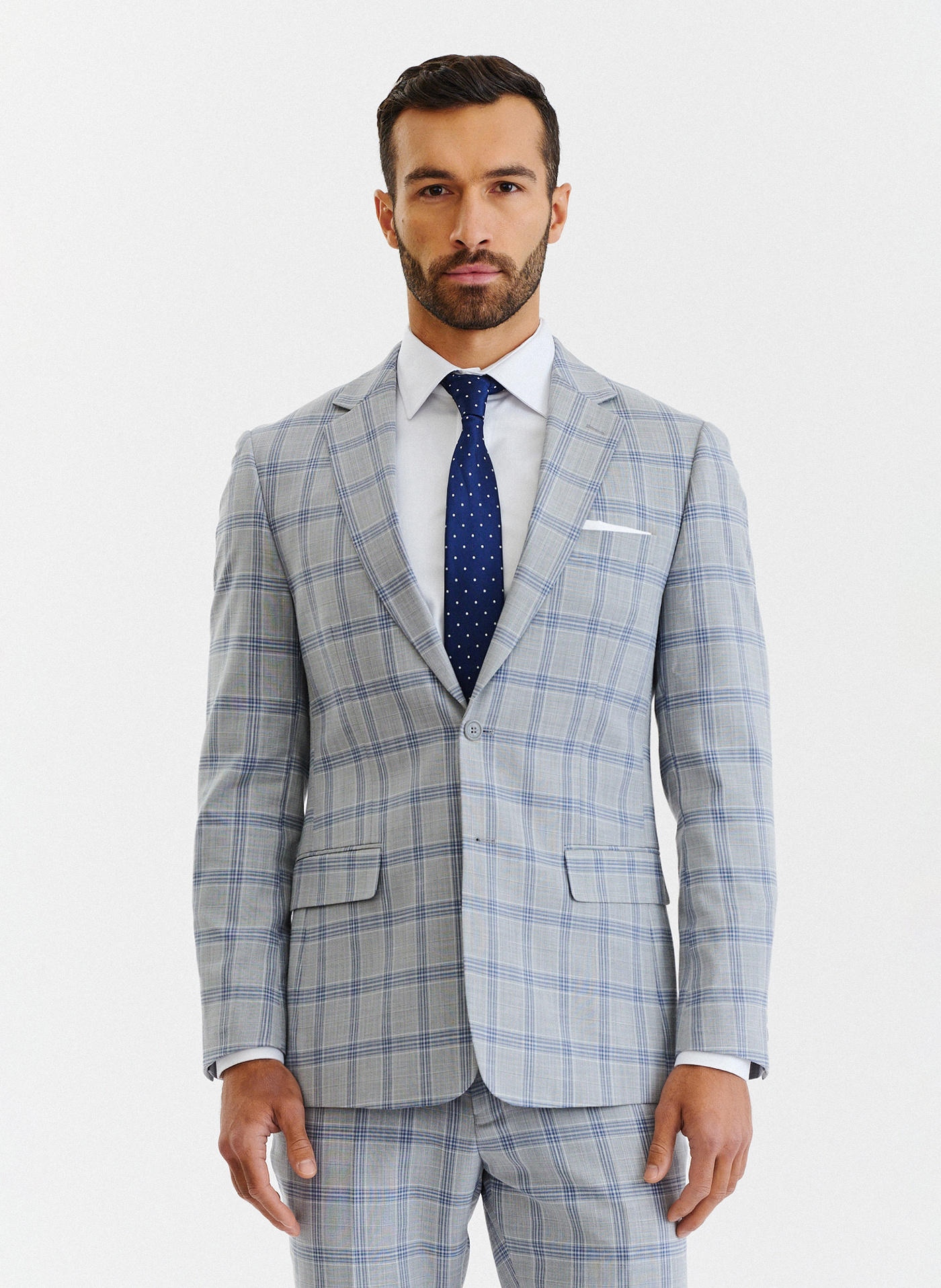 PAKO LORENTE – Szara marynarka garniturowa w niebiesko-białą kratę