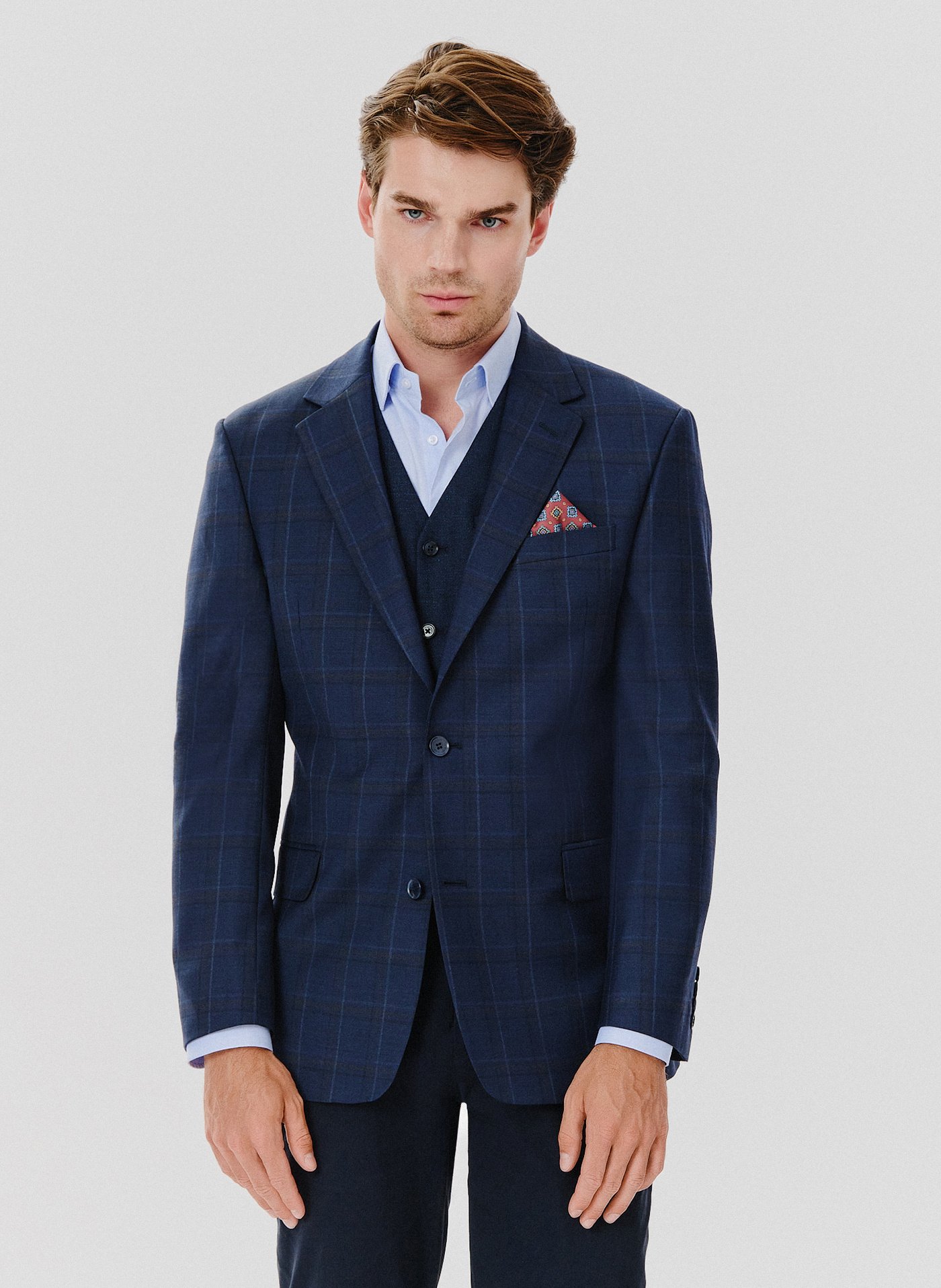 PAKO LORENTE – Granatowa marynarka garniturowa w kraciasty deseń