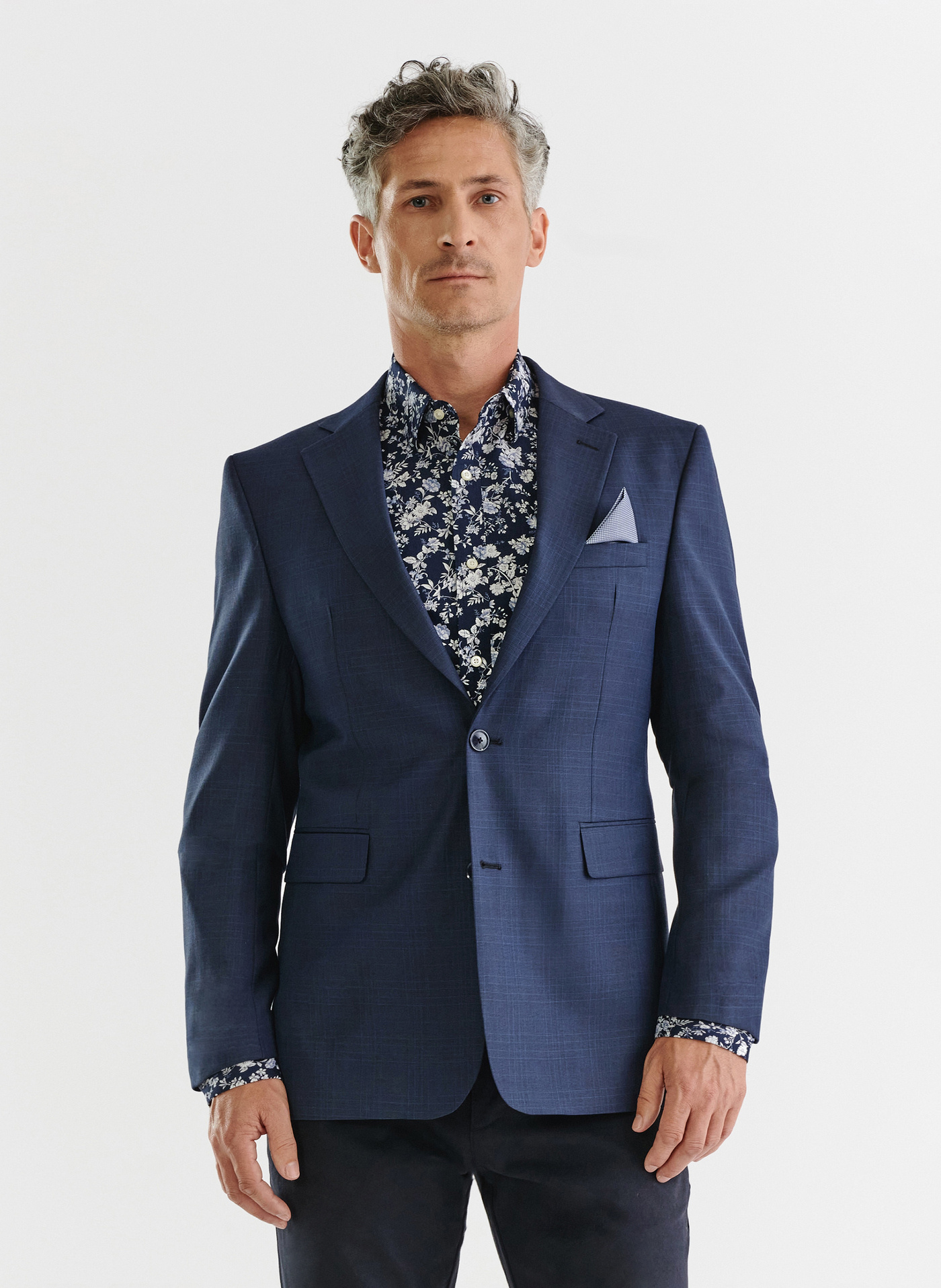 PAKO LORENTE – Granatowa marynarka garniturowa w subtelną kratę