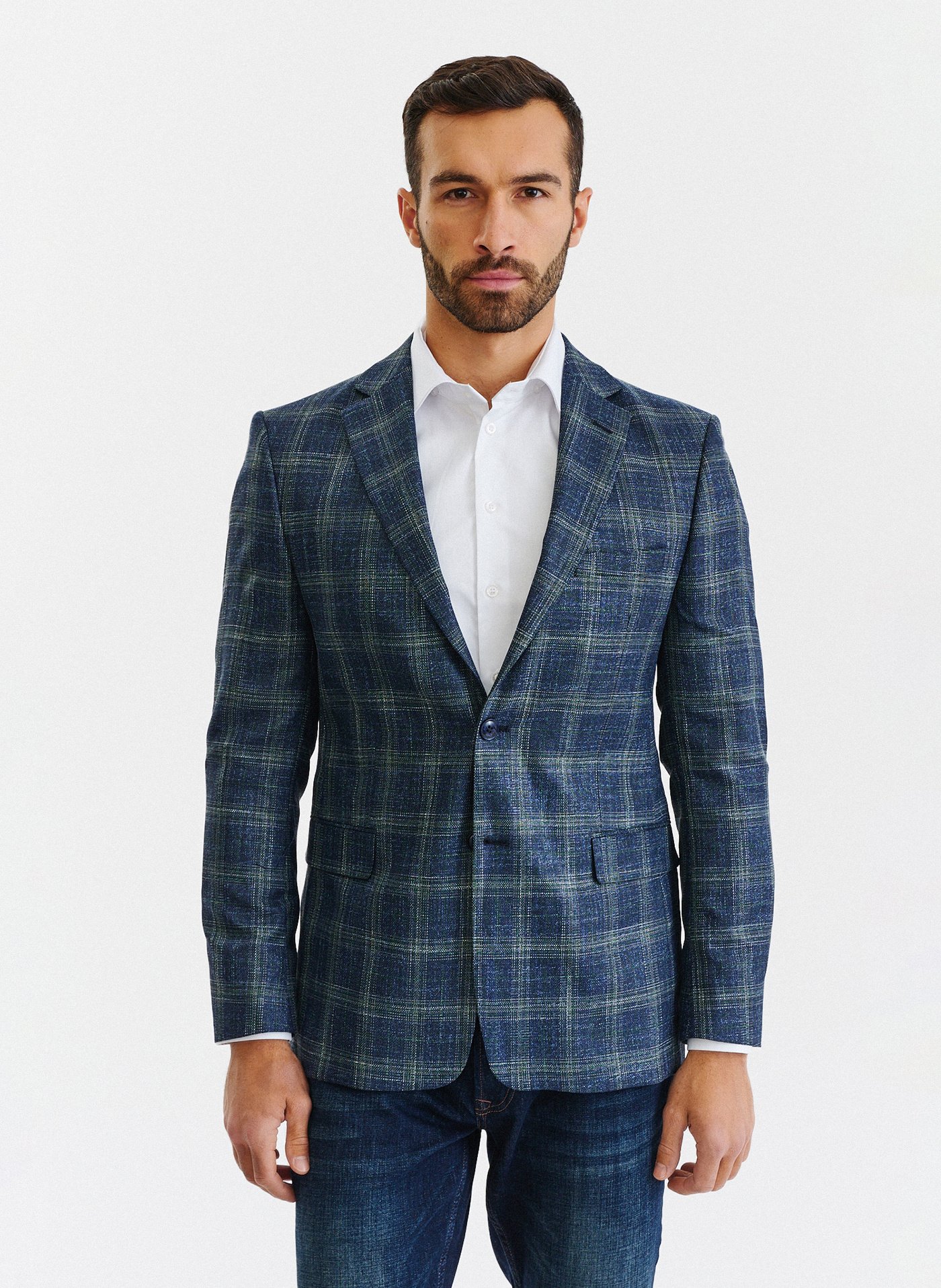 PAKO LORENTE – Granatowa casualowa marynarka męska w zieloną kratę