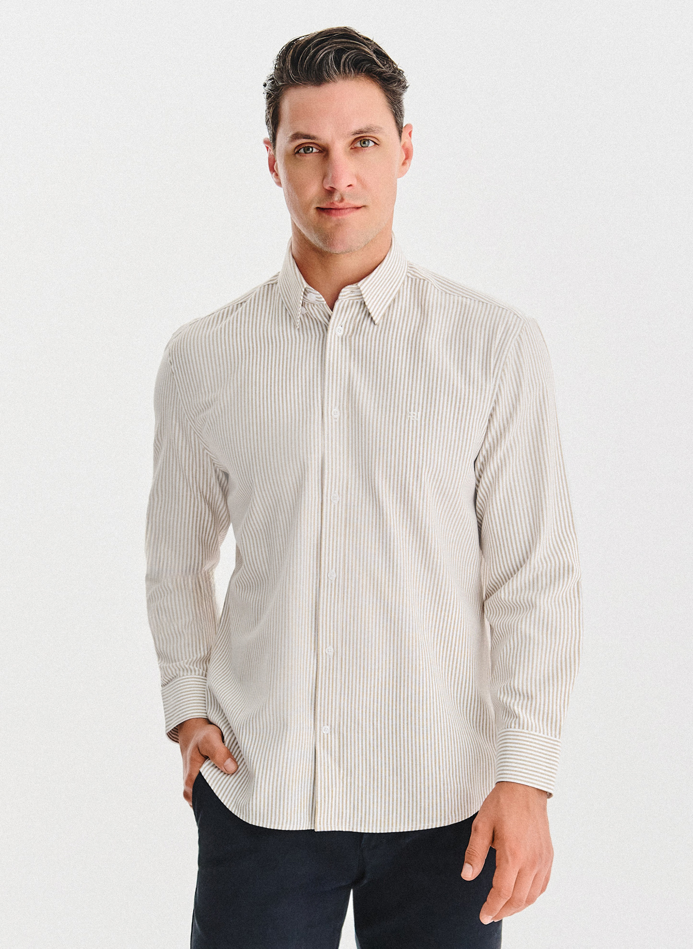 PAKO LORENTE - Beżowa koszula męska w paski