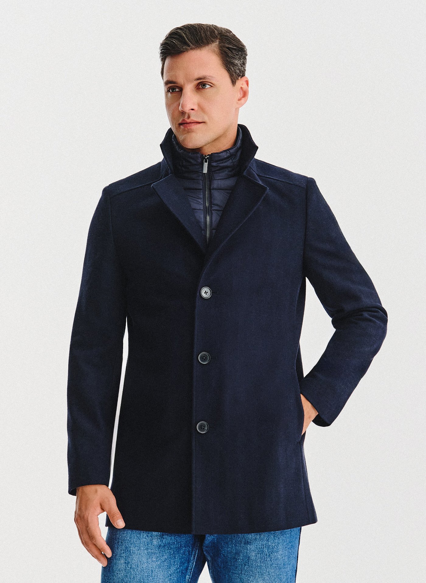 PAKO LORENTE - Granatowy wełniany płaszcz ze stójką