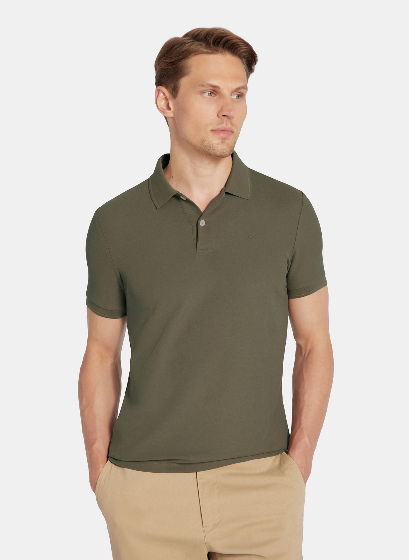 PAKO LORENTE - Oliwkowy t-shirt polo na guziczki