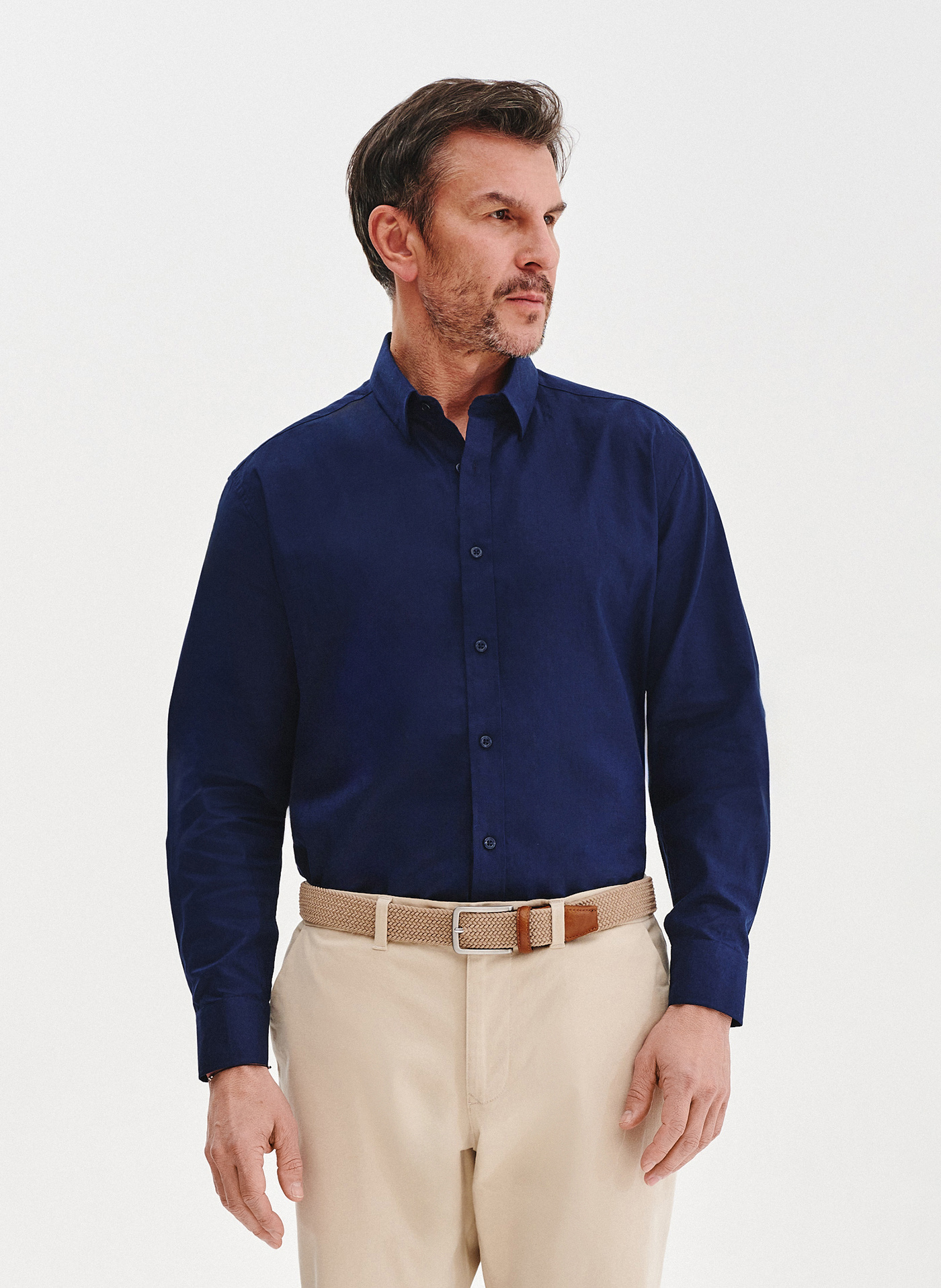 PAKO LORENTE - Granatowa koszula męska z lnem