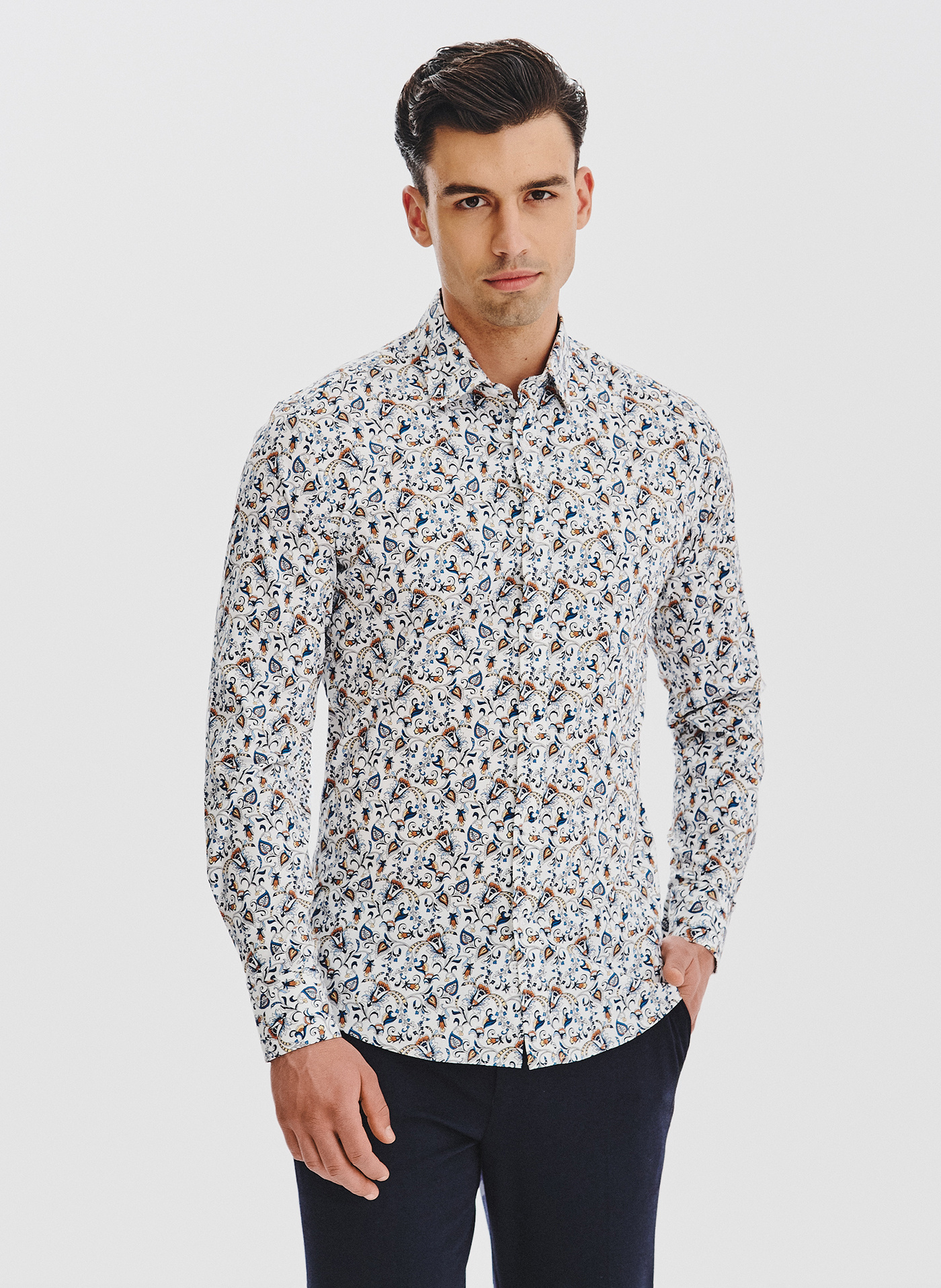 PAK LORENTE - Biała koszula męska kolorowe kwiaty