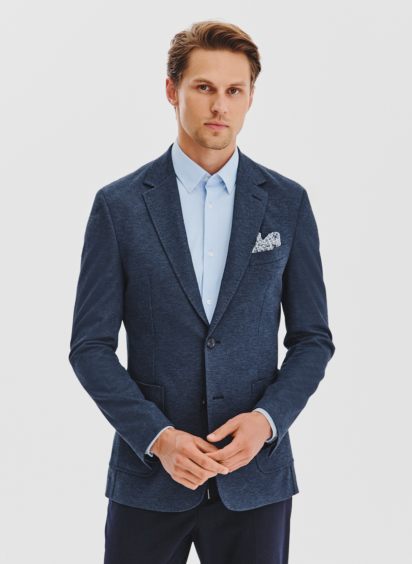 PAKO LORENTE - Granatowa marynarka w pepitkę z dzianiny