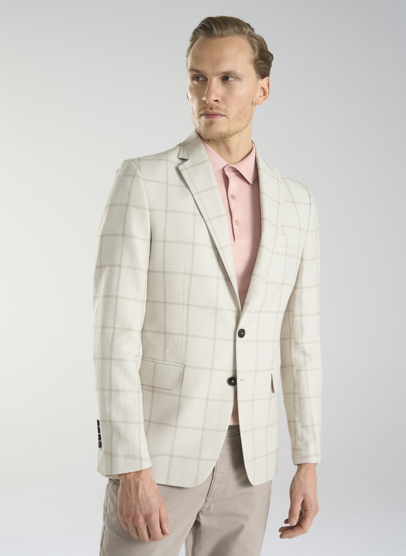 PAKO LORENTE – Beżowa marynarka męska w kratę Windowpane