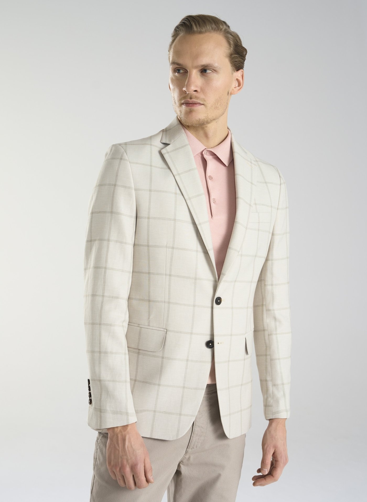 PAKO LORENTE – Beżowa marynarka męska w kratę Windowpane