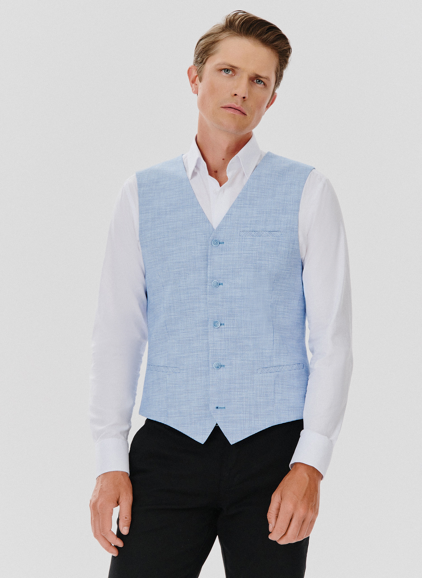 PAKO LORENTE – Jednorzędowa kamizelka męska w drobną kratę