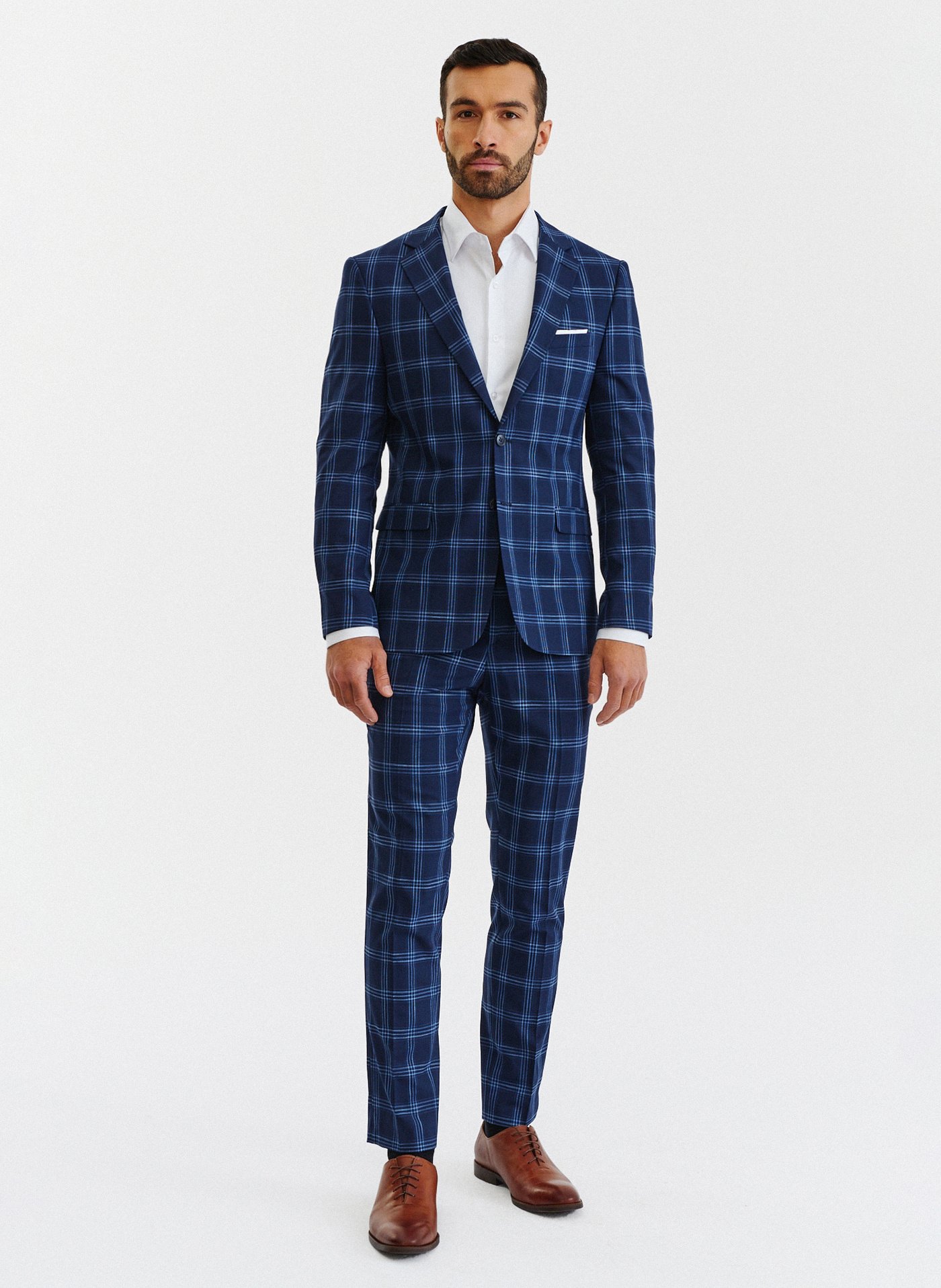 PAKO LORENTE – Granatowe spodnie garniturowe w niebieską kratę