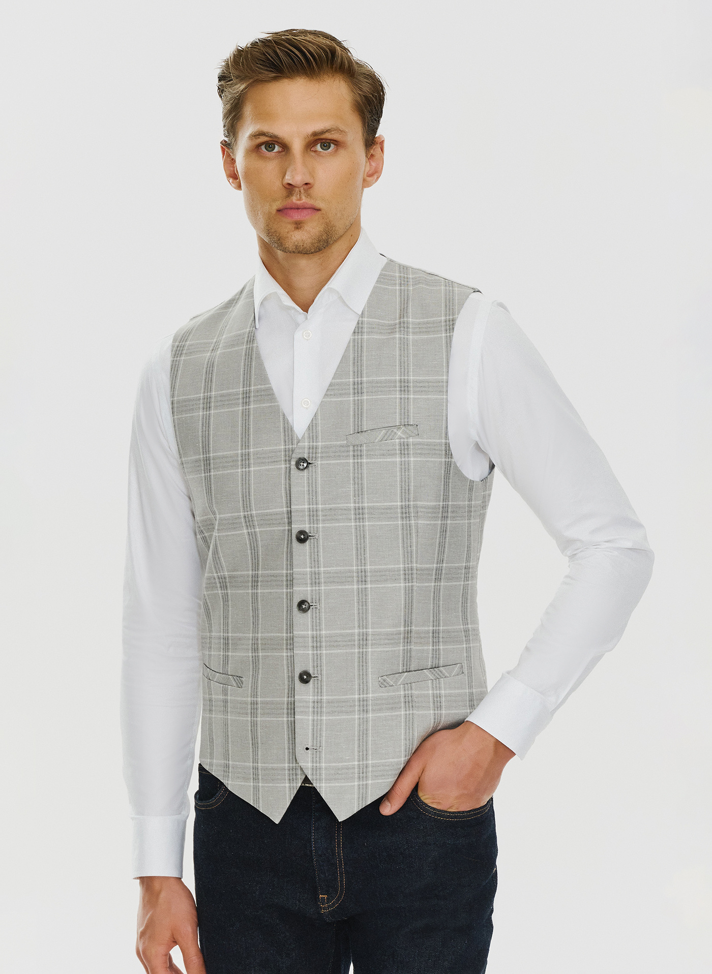 PAKO LORENTE – Szara kamizelka jednorzędowa w kratę