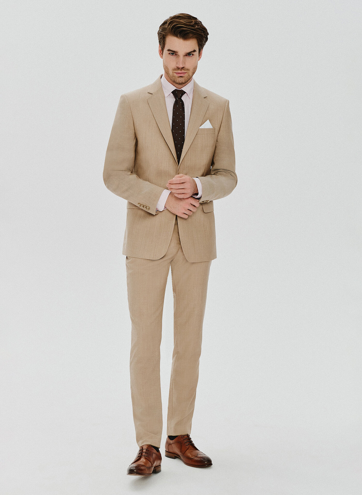 PAKO LORENTE – Beżowe wełniane spodnie męskie