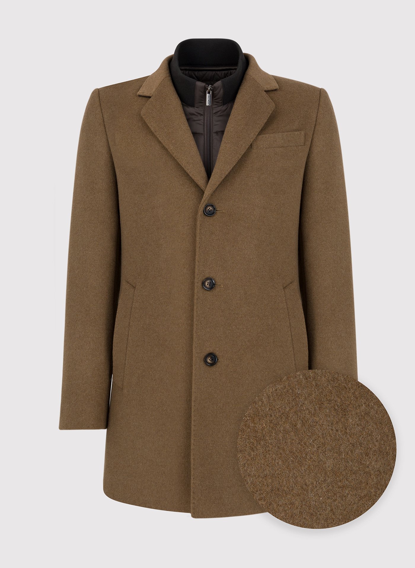 PAKO LORENTE – Kamelowy płaszcz męski z odpinaną stójką