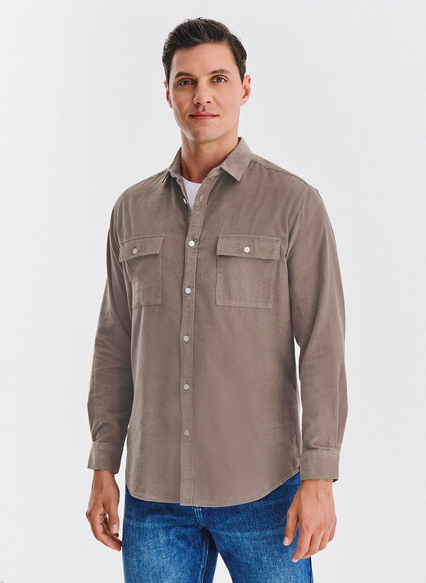 PAKO LORENTE - Brązowa koszula sztruksowa z kieszeniami na piersi