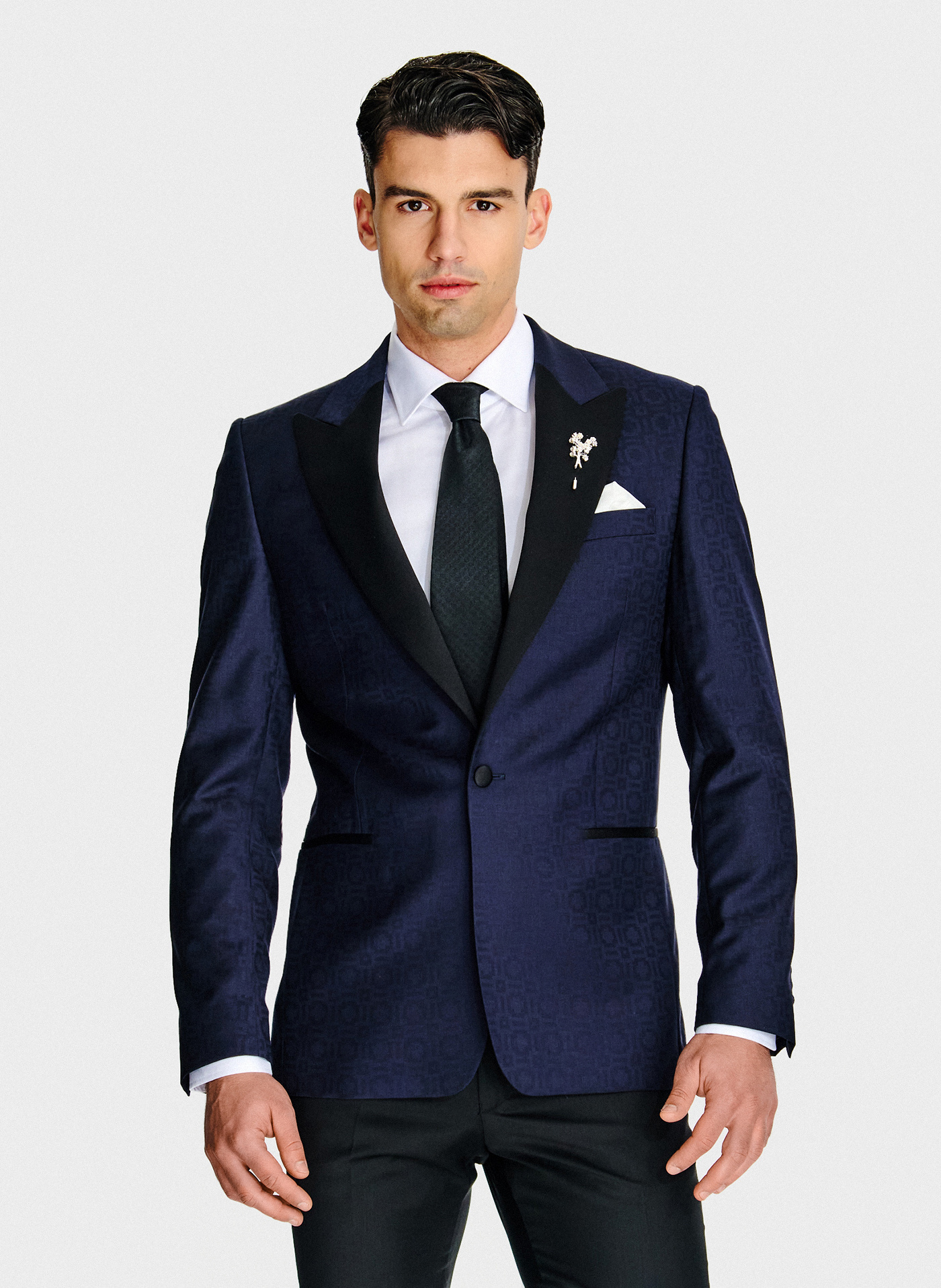 PAKO LORENTE - Granatowa żakardowa marynarka smokingowa