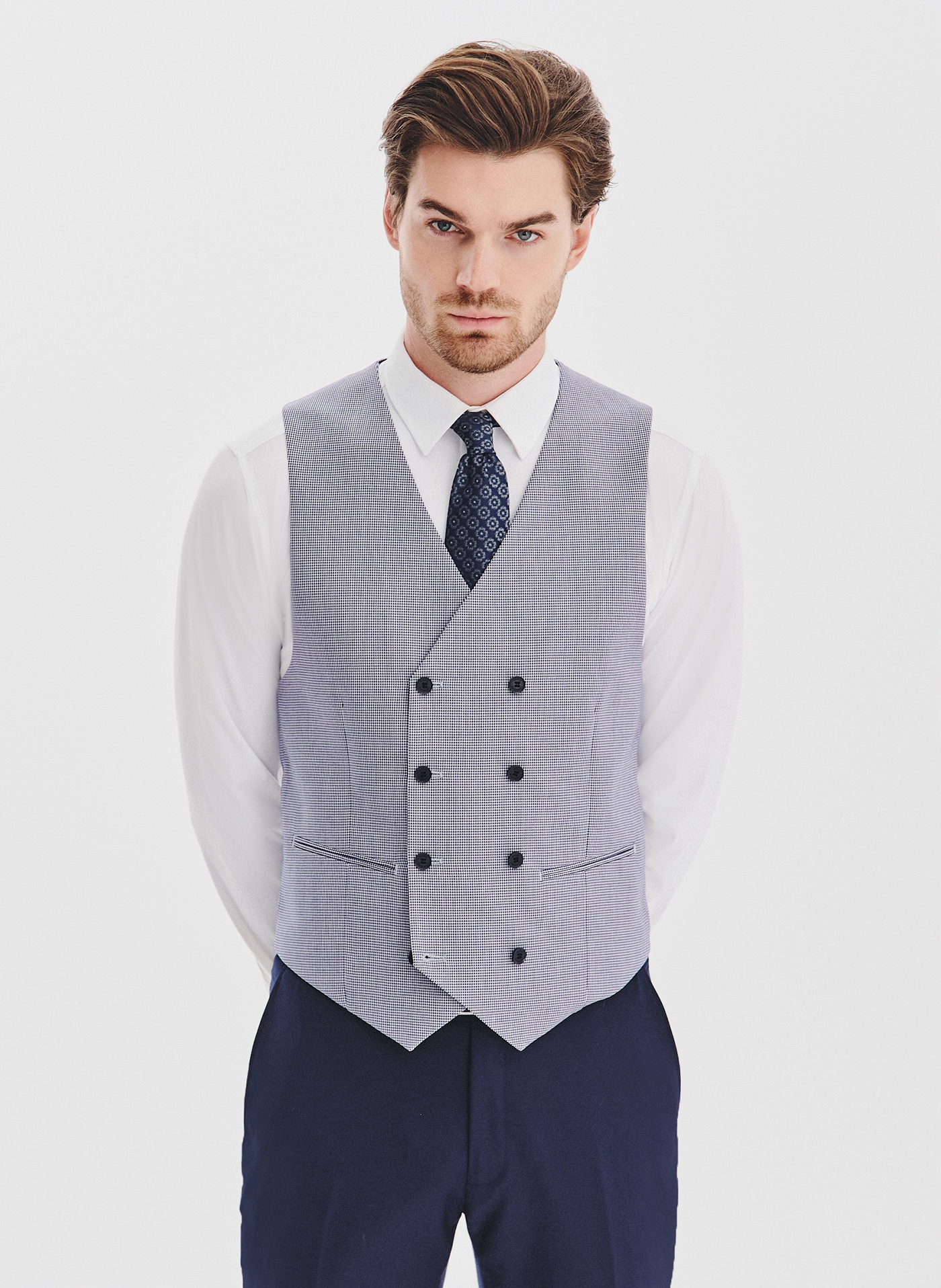 PAKO LORENTE - Granatowa dwurzędowa kamizelka w drobną kratę