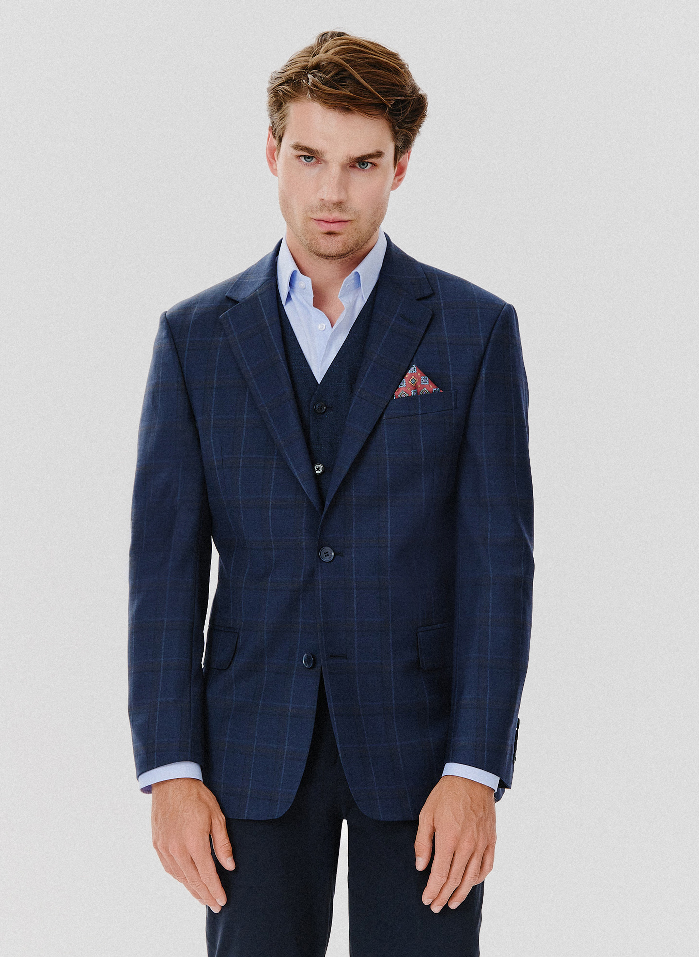 PAKO LORENTE – Granatowa marynarka garniturowa w kraciasty deseń