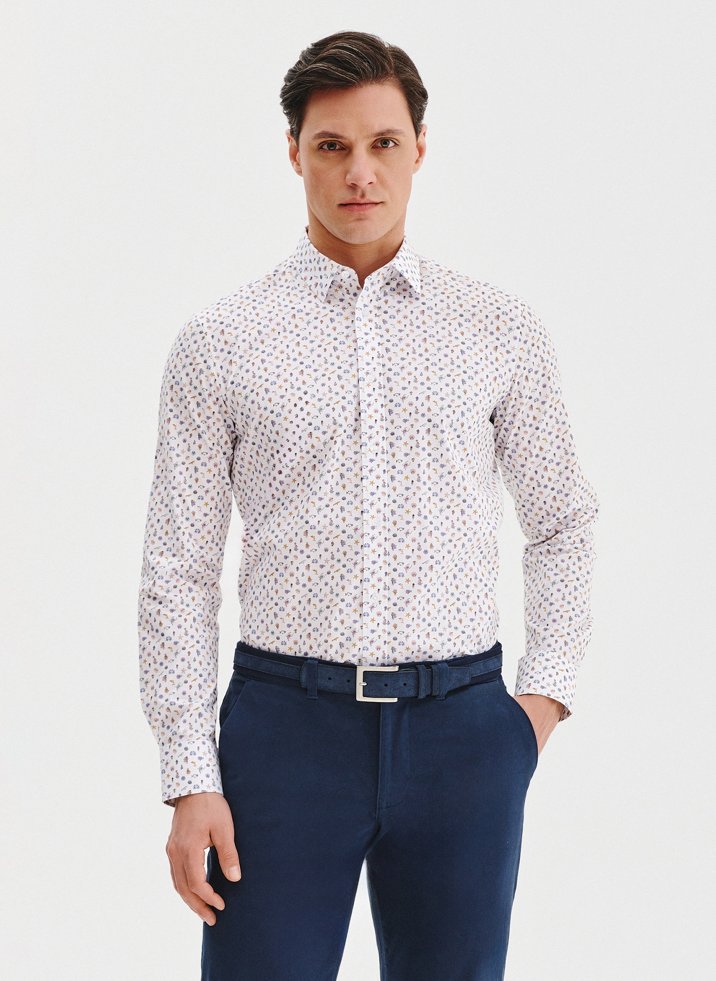 PAKO LORENTE - Biała koszula męska we wzór morski