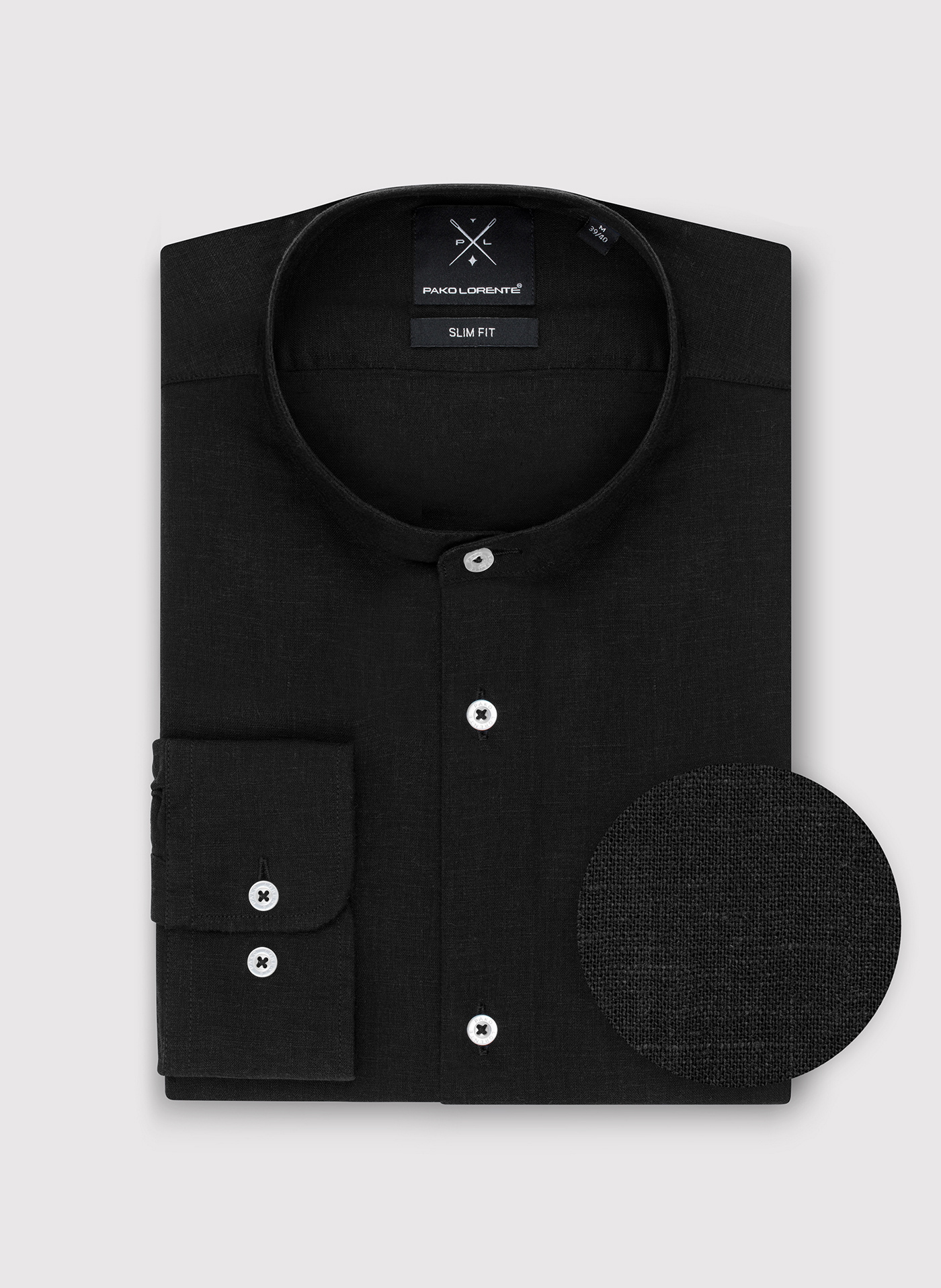 PAKO LORENTE - Lniana czarna koszula męska ze stójką