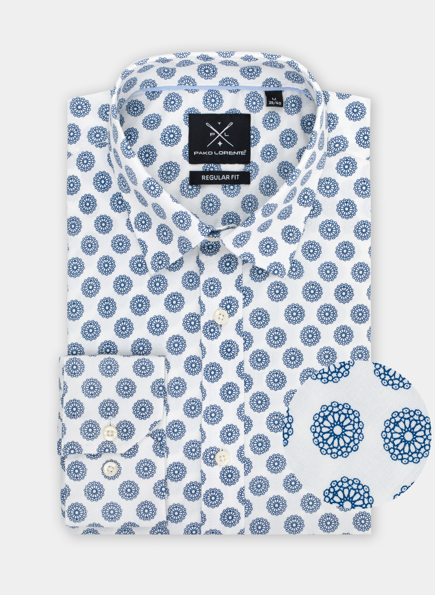 PAKO LORENTE – Biała koszula męska w niebieski wzór P21WF-1X-149-B