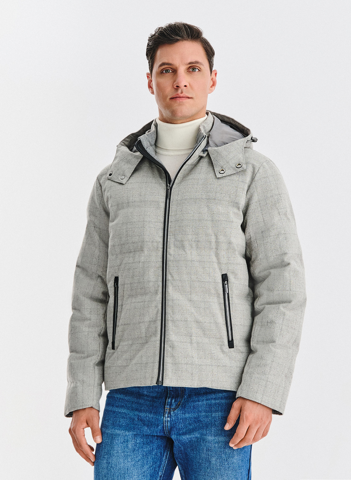 PAKO LORENTE – Szara kurtka w kratę z odpinanym kapturem