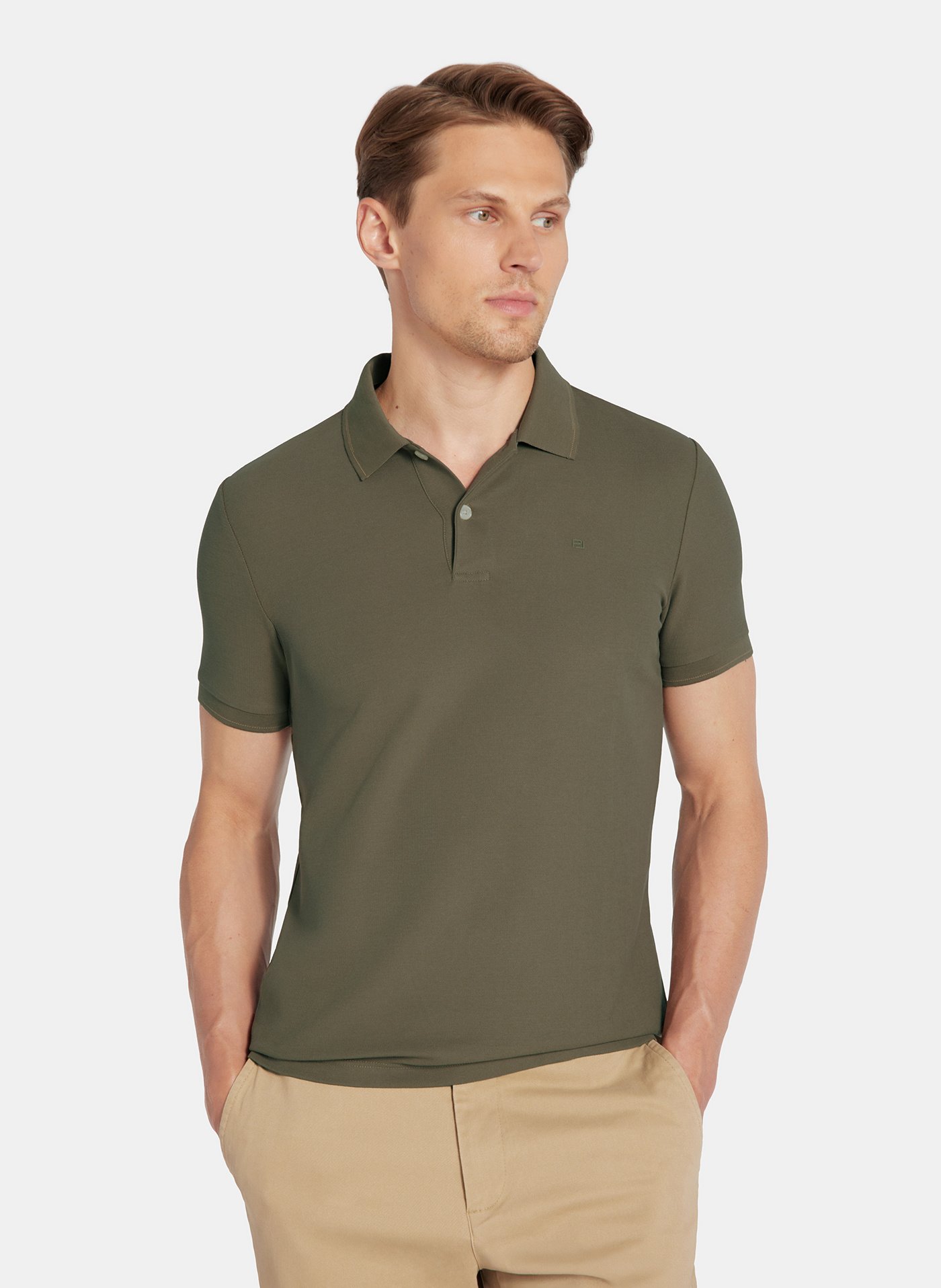 PAKO LORENTE - Oliwkowy t-shirt polo na guziczki