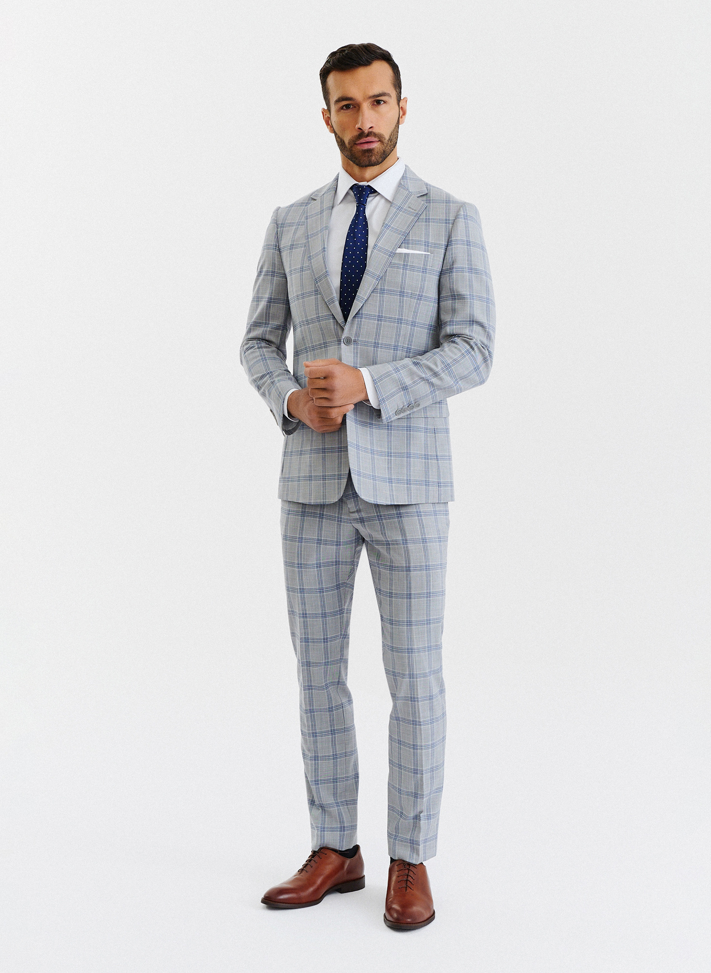 PAKO LORENTE – Szare spodnie garniturowe w niebiesko-białą kratę