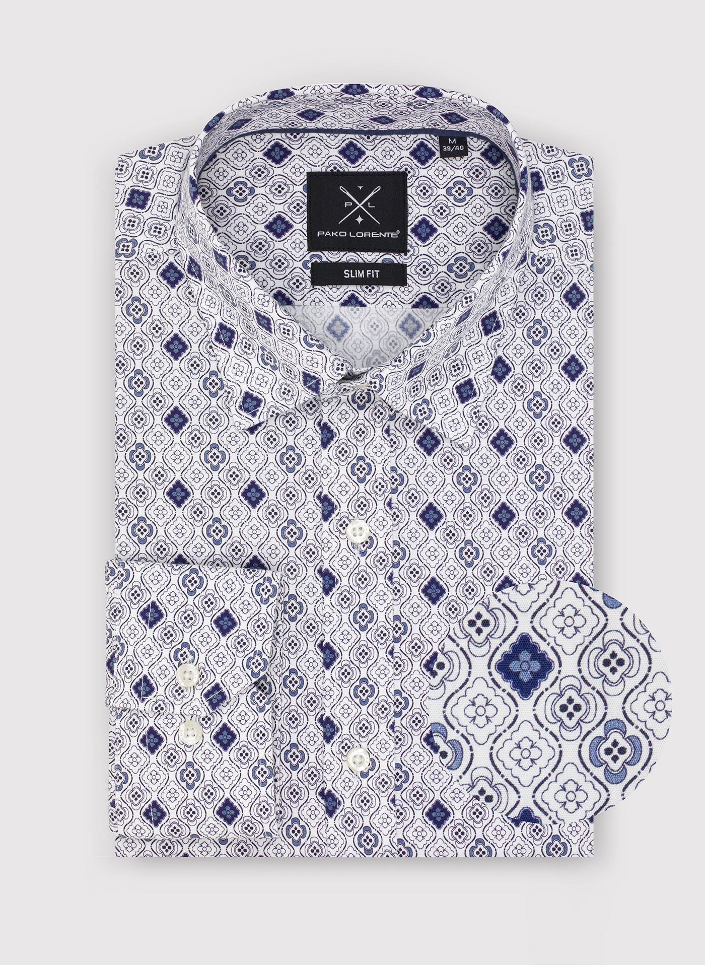 PAKO LORENTE – Męska koszula w kolorze białym w granatowy wzór